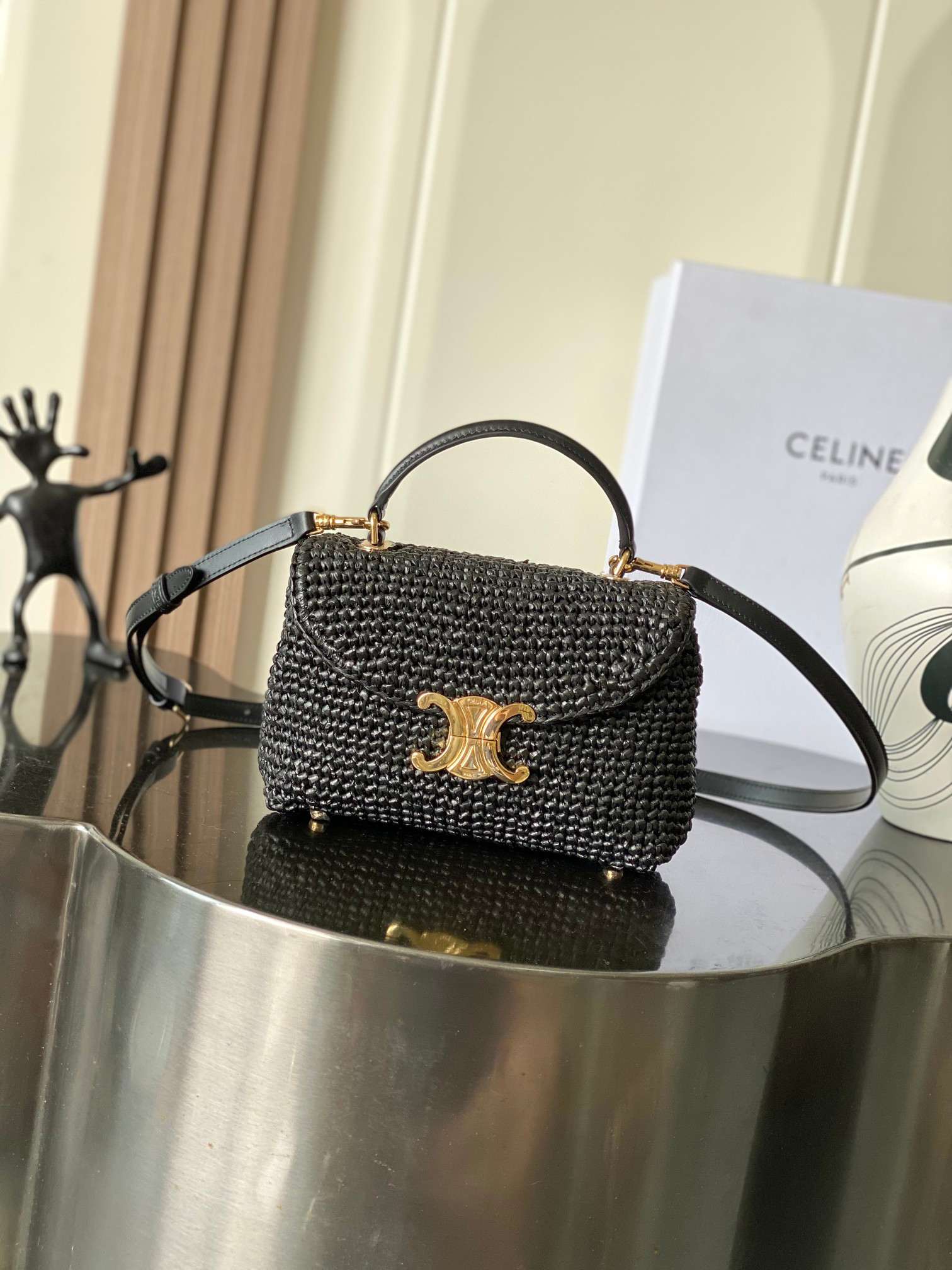 Celine Teen Nino Woven Black Top Handle Bag