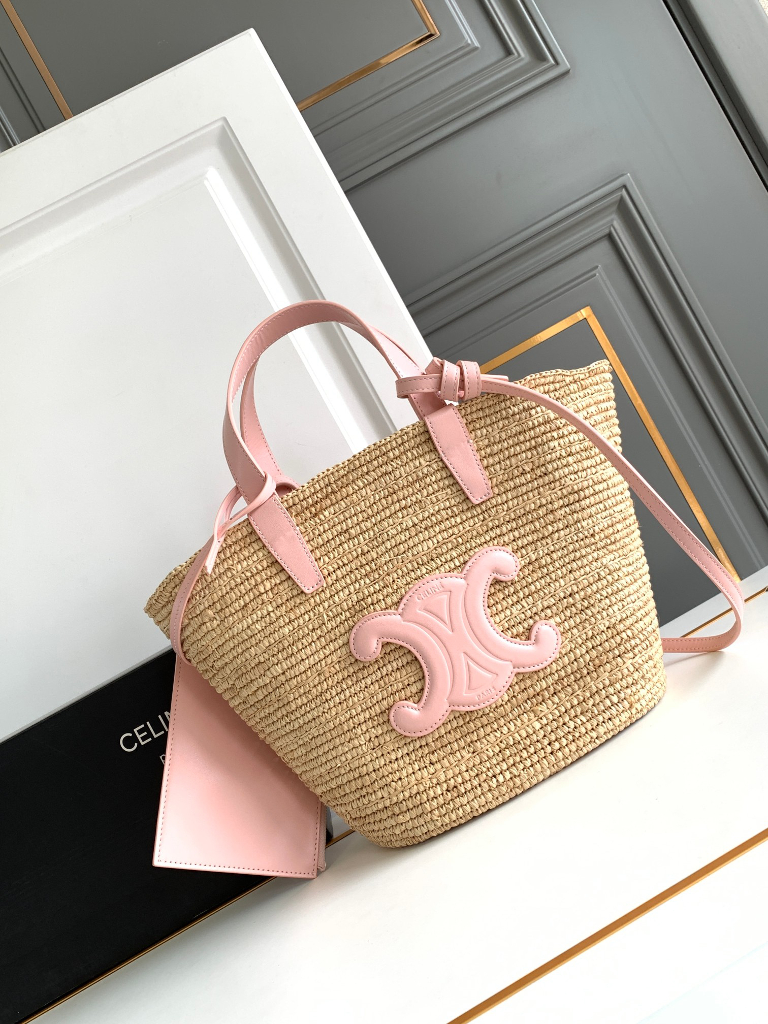 CELINE Teen Woven Plant-Fiber and Calfskin Leather Basket Handbag