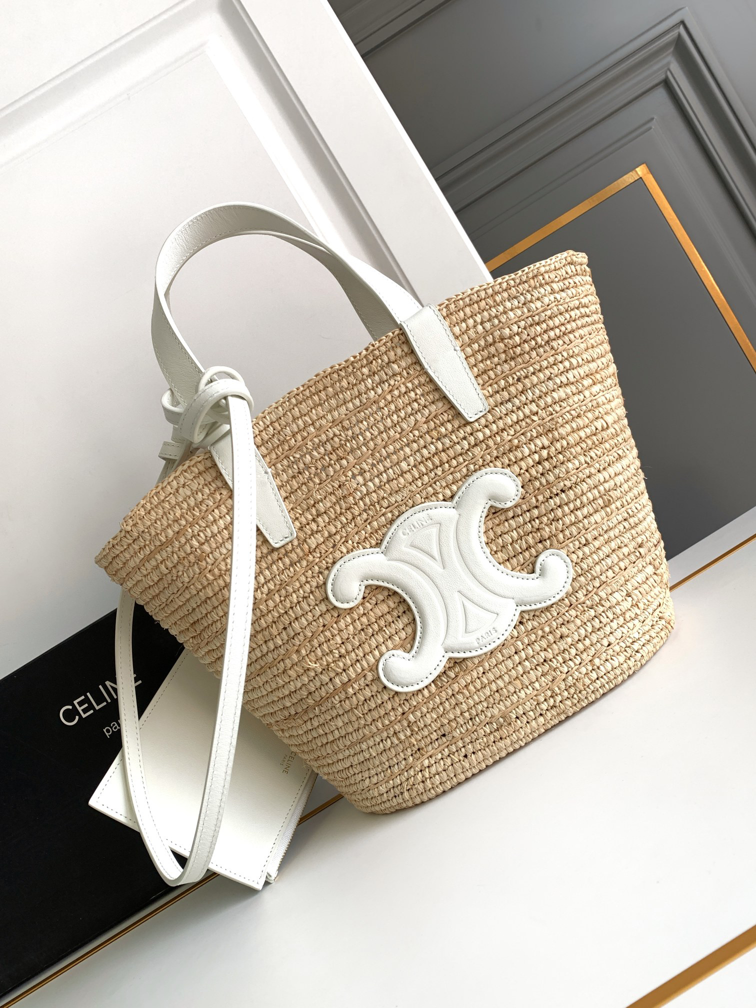 CELINE Teen Woven Plant-Fiber and Calfskin Leather Basket Tote