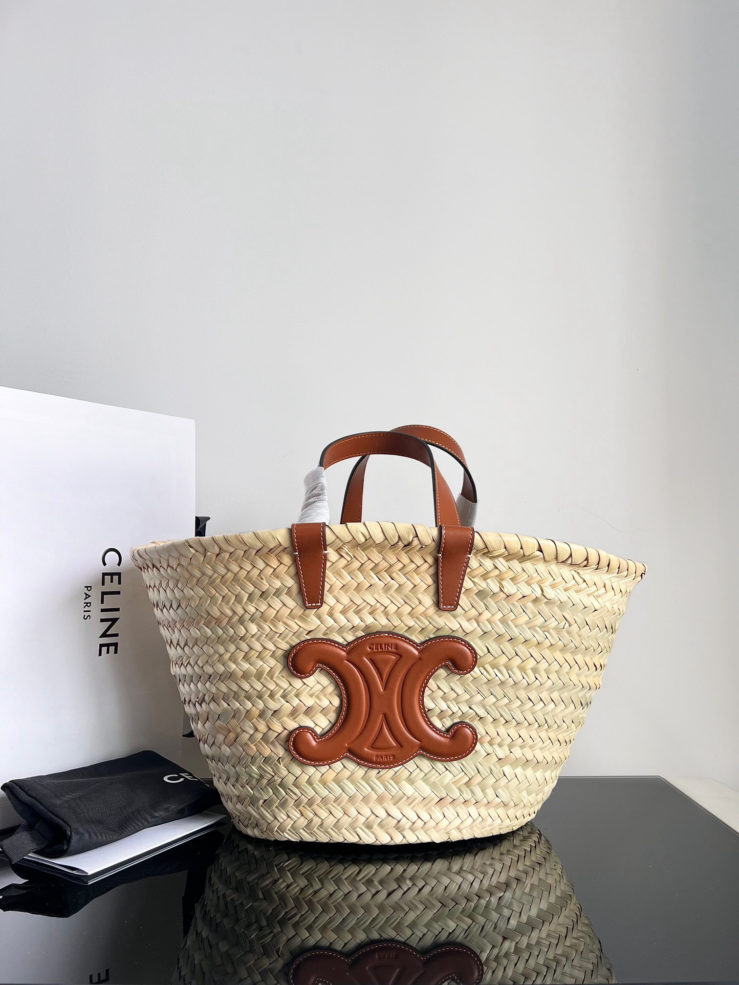 Celine Classic Palm Leaf and Cowhide Woven Basket Handbag