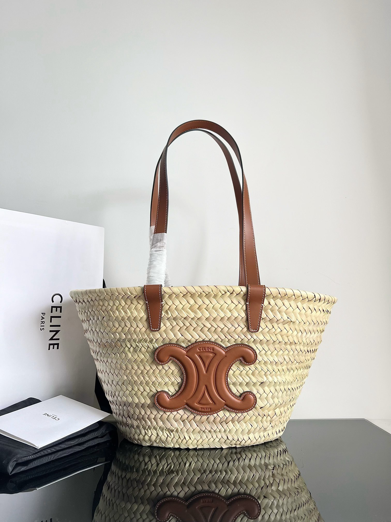 Celine Triomphe Raffia Basket Tote Bag