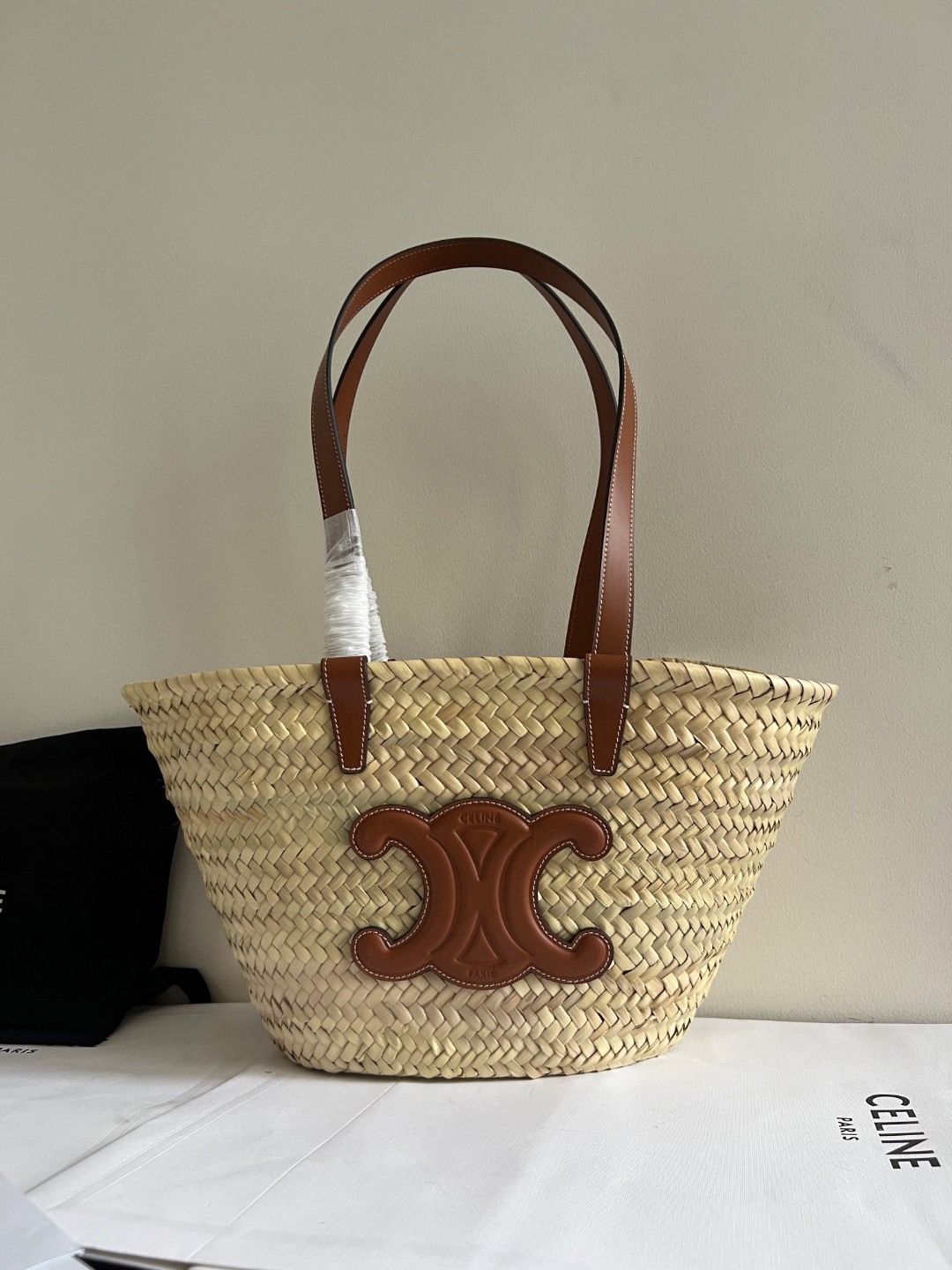 Celine Triomphe Raffia Basket Tote Bag
