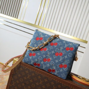 Louis Vuitton Coussin Small Chain Shoulder Bag in Monogram Denim with Cherry Embroidery
