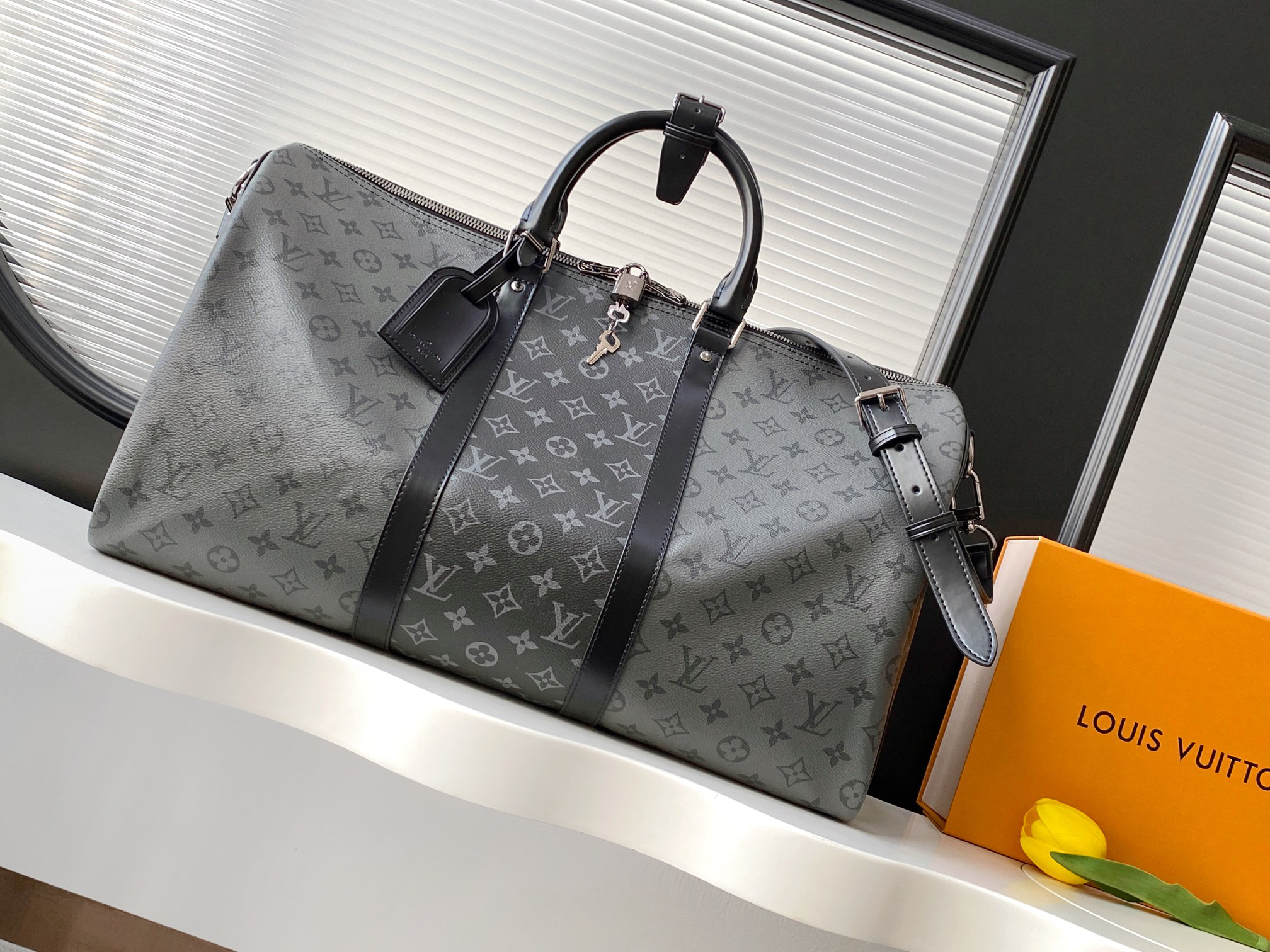 Louis Vuitton Keepall Bandouliere 50 Travel Bag in Monogram Eclipse Reverse Canvas