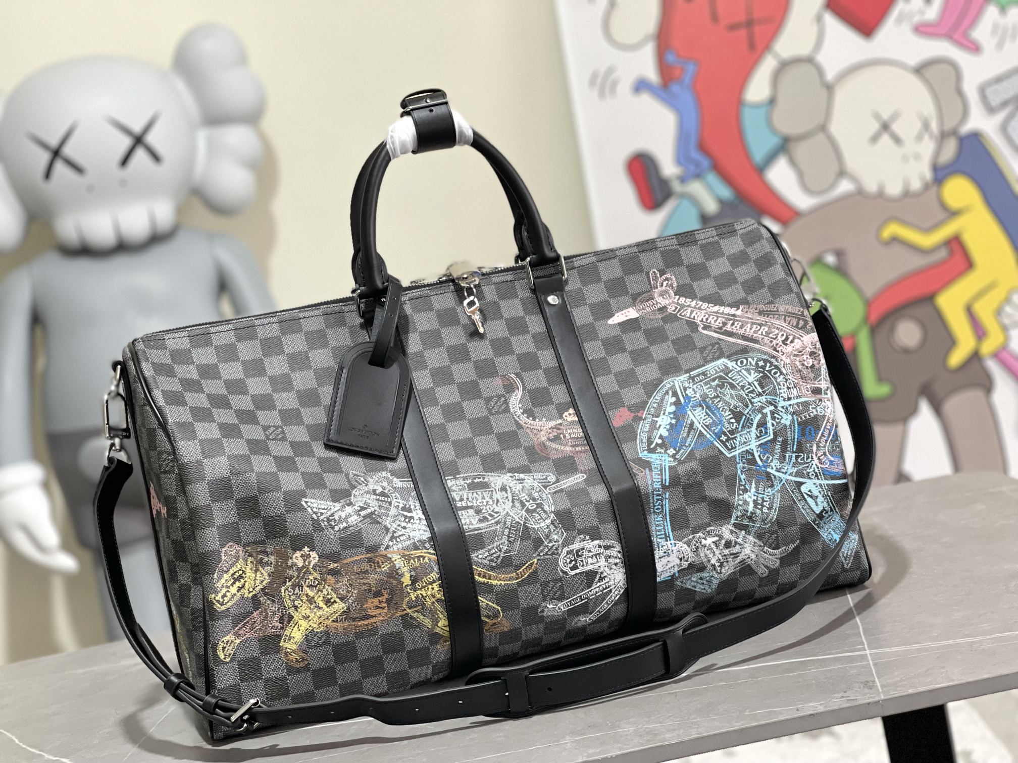 Louis Vuitton Keepall Travel Bag Damier Graphite Passport Stamp Print