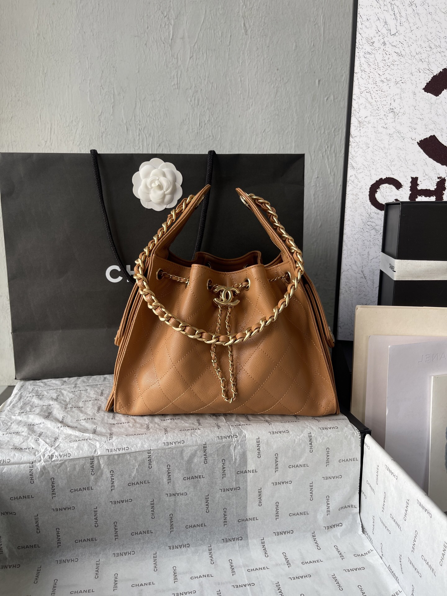 Chanel 25C Small Caviar Leather Hobo Bucket Bag