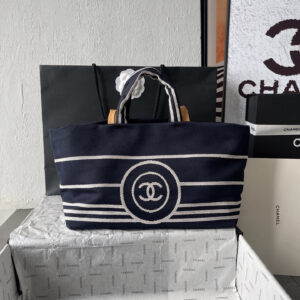 Chanel Navy Blue Striped Denim Tote Bag