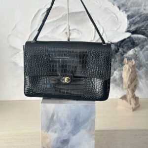Chanel 26S Black Crocodile-Pattern Leather Maxi Flap Handbag with Gold-Tone Clasp
