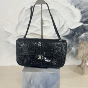 CHANEL 26S Large Black Crocodile-Pattern Leather Flap Handbag