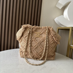 Vintage Linen and Straw Fringe Tote Bag