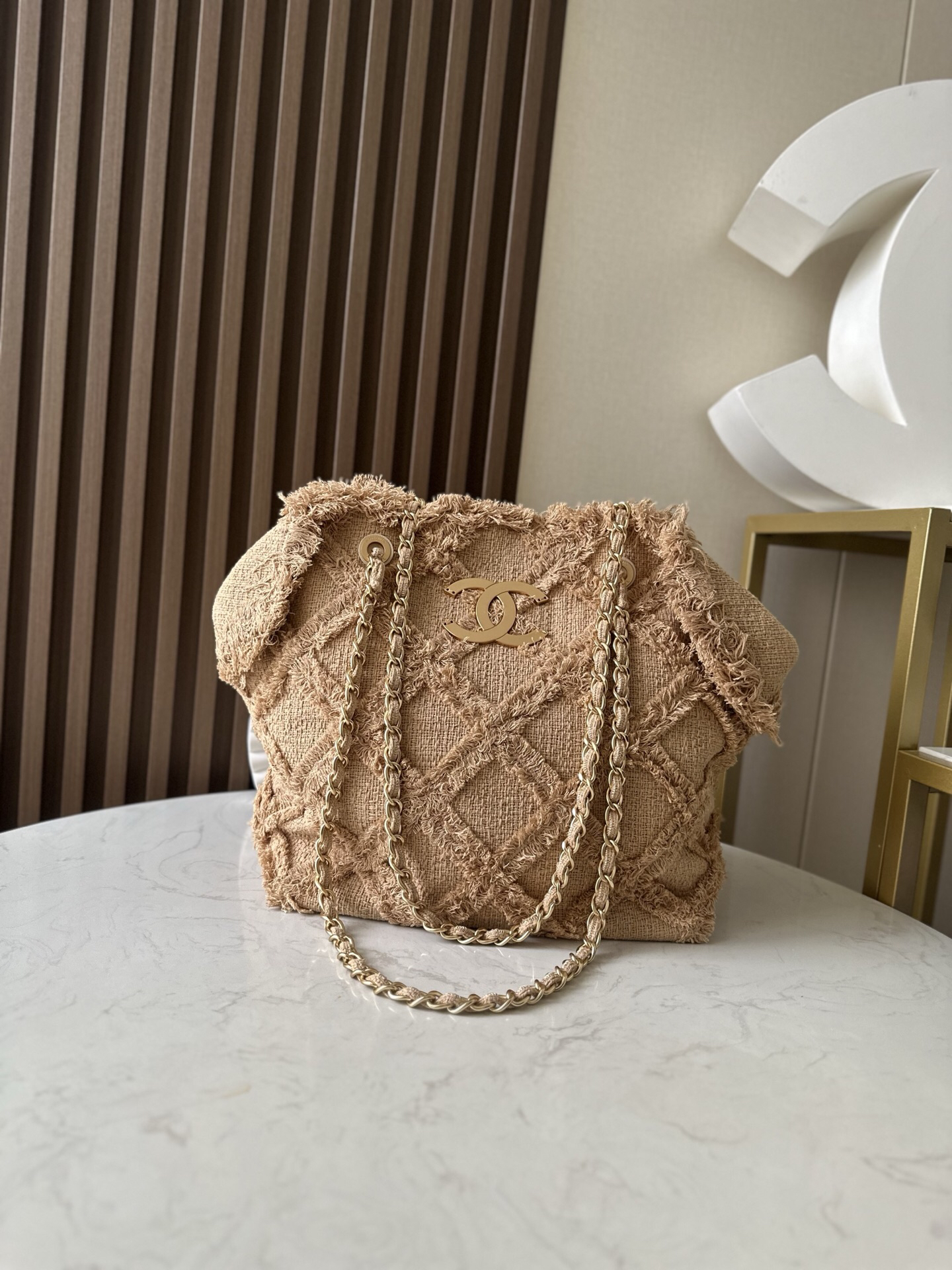 Vintage Linen and Straw Fringe Tote Bag