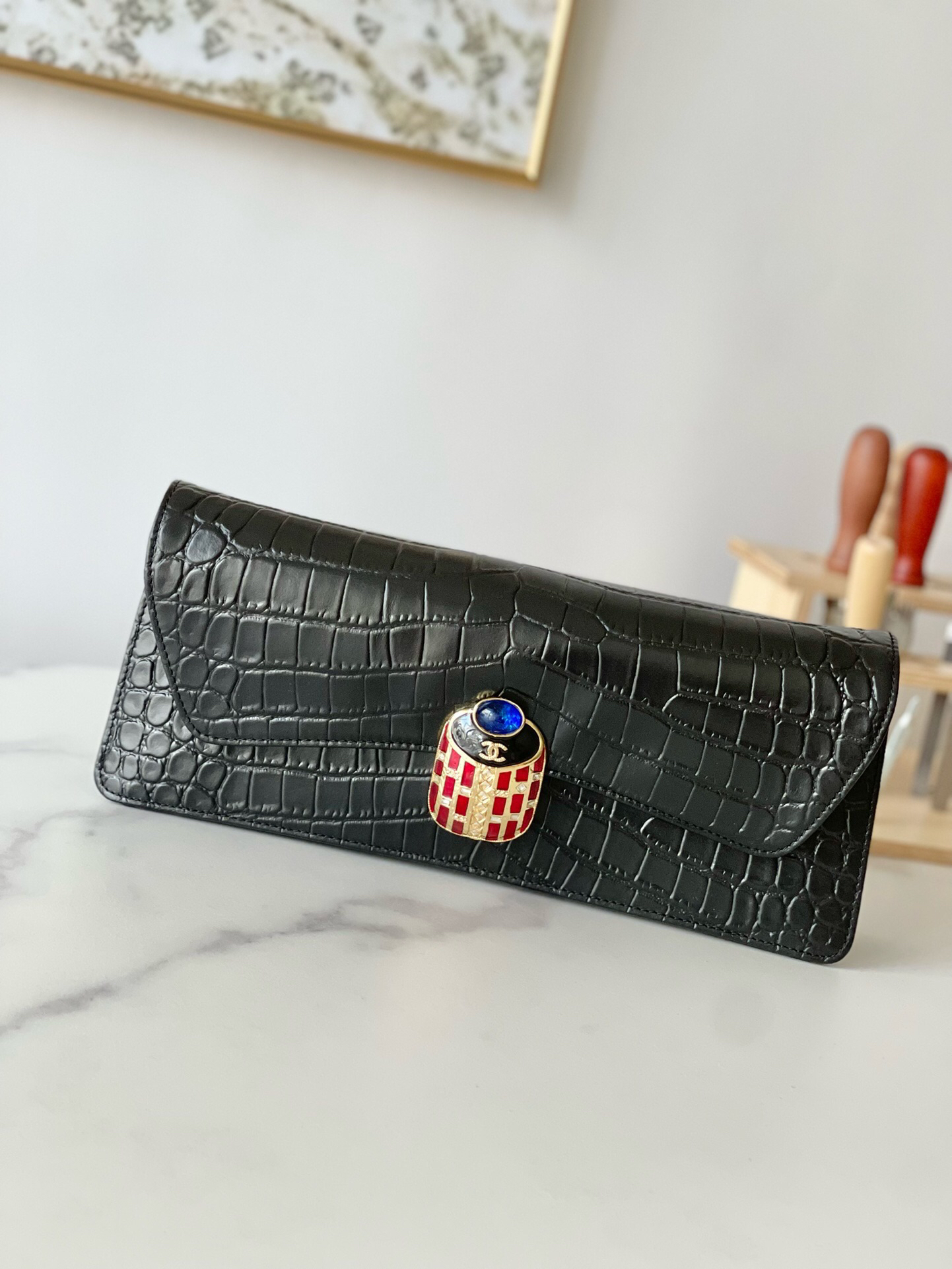 Chanel Vintage Black Caviar Leather Clutch Evening Bag