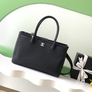 Chanel Cerf Medium Black and Silver Textured Calfskin Tote Bag