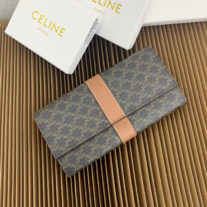 Celine Triomphe Large Canvas and Lambskin Flap Wallet