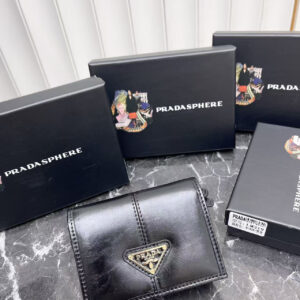 Prada Leather Wallet with Metal Triangle Logo and Zipper Closure