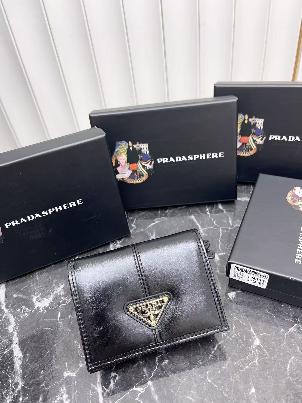 Prada Leather Wallet with Metal Triangle Logo and Zipper Closure