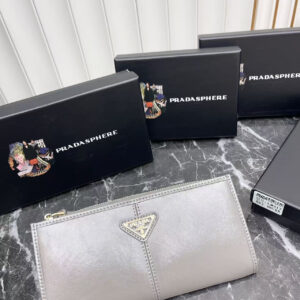 Prada Oil-Wax Leather Wallet with Metal Triangular Logo and Zipper Closure