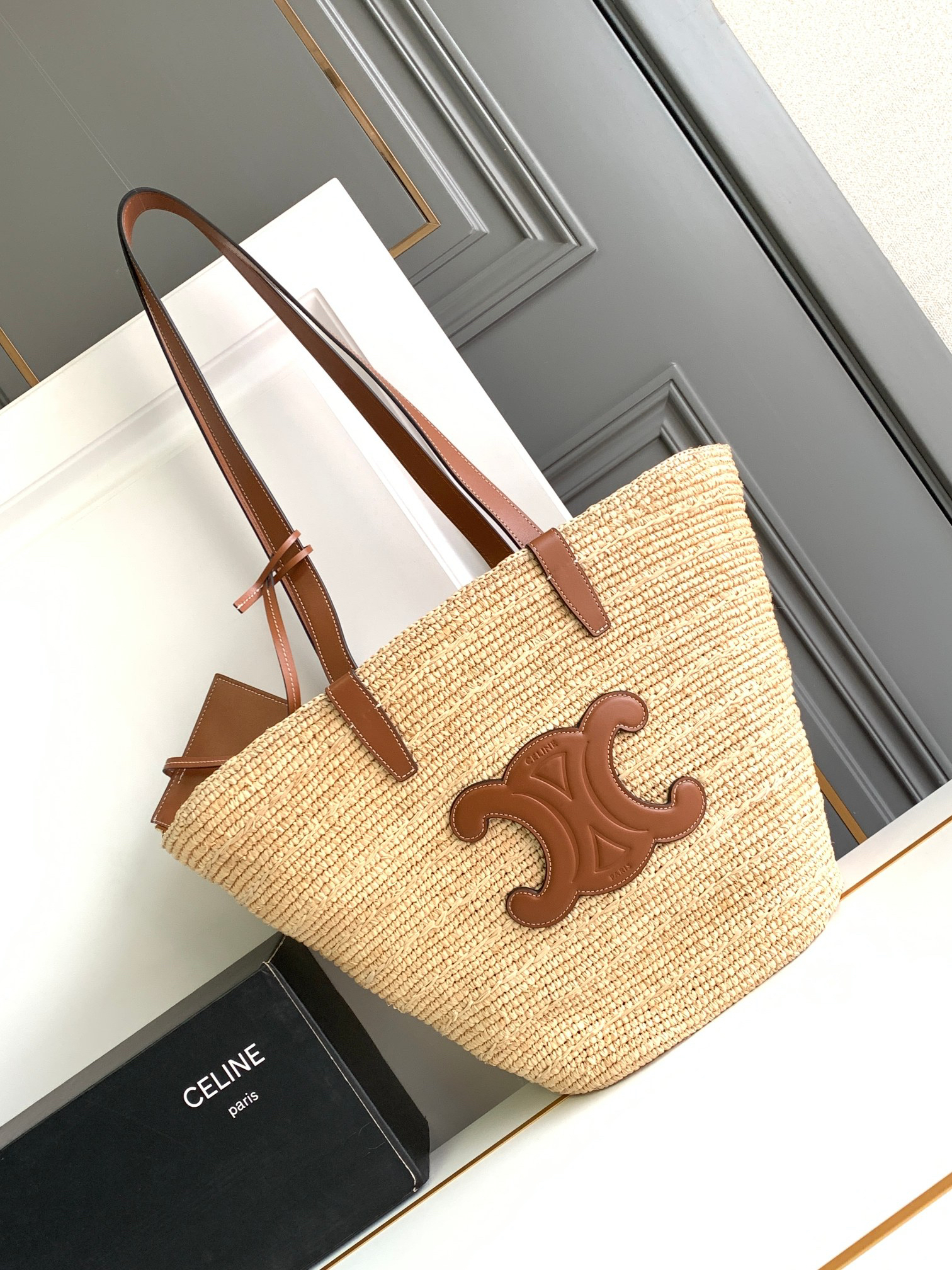 CELINE Woven Plant-Fiber and Calfskin Shopping Basket Bag