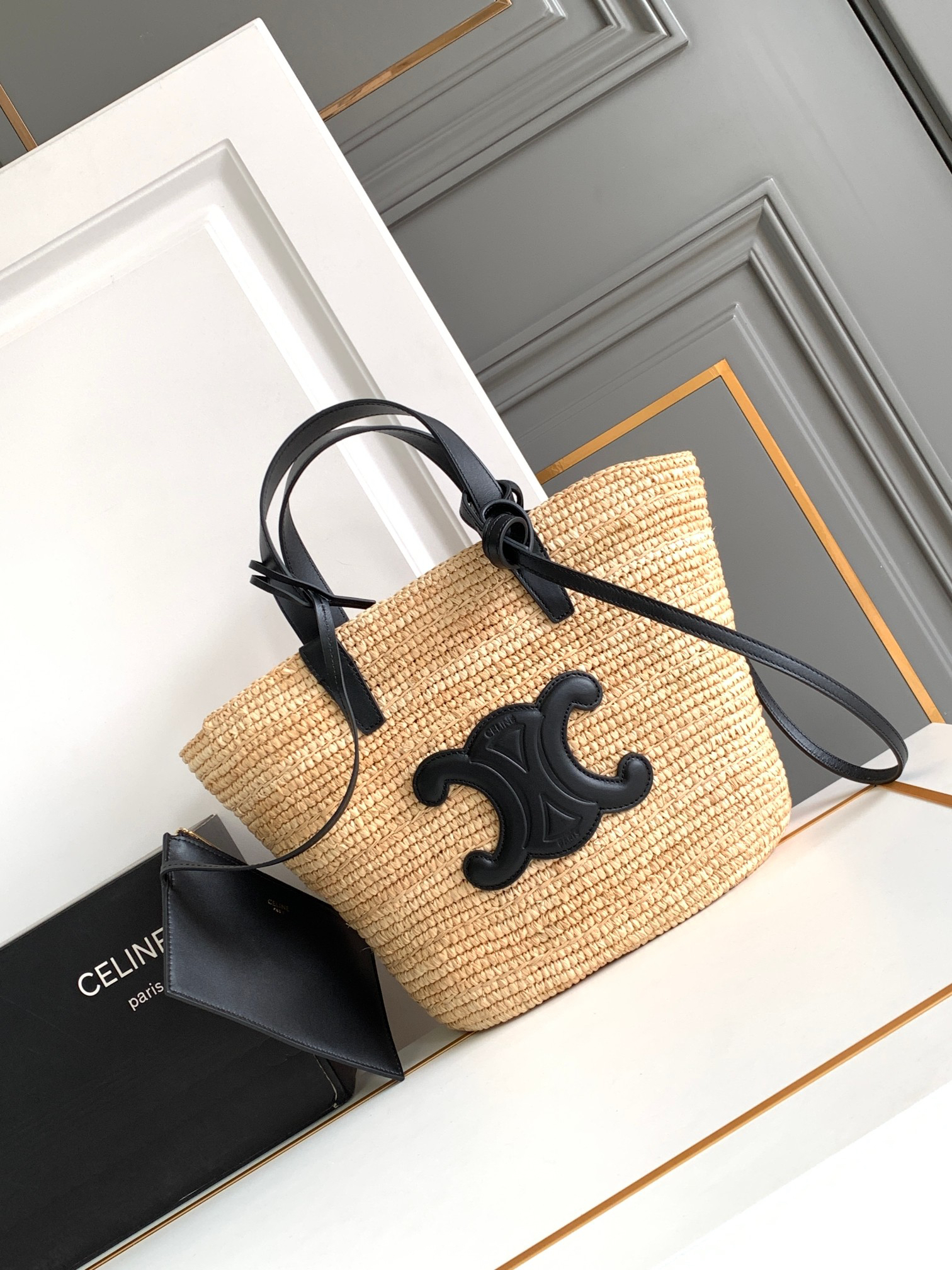 CELINE Teen Woven Plant-Fiber and Calfskin Bucket Bag