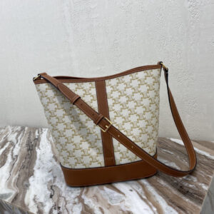 CELINE Triomphe Medium Bucket Bag in White Printed Coated Canvas