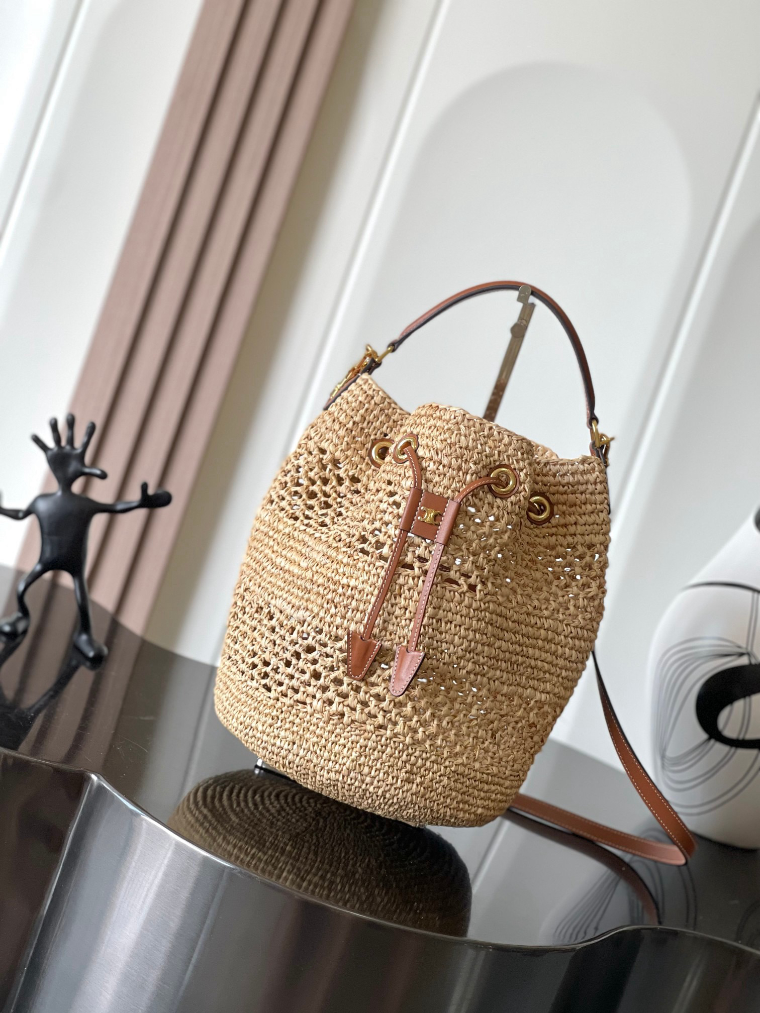 CELINE Clara Raffia and Calfskin Classic Drawstring Bucket Bag