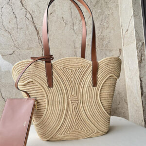 CELINE Medium Woven TRIOMPHE Basket Bag in Natural Plant Fiber and Cow Leather