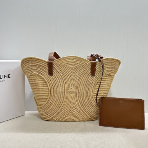 CELINE Natural Plant-Fiber and Calfskin Woven TRIOME Tote Bag