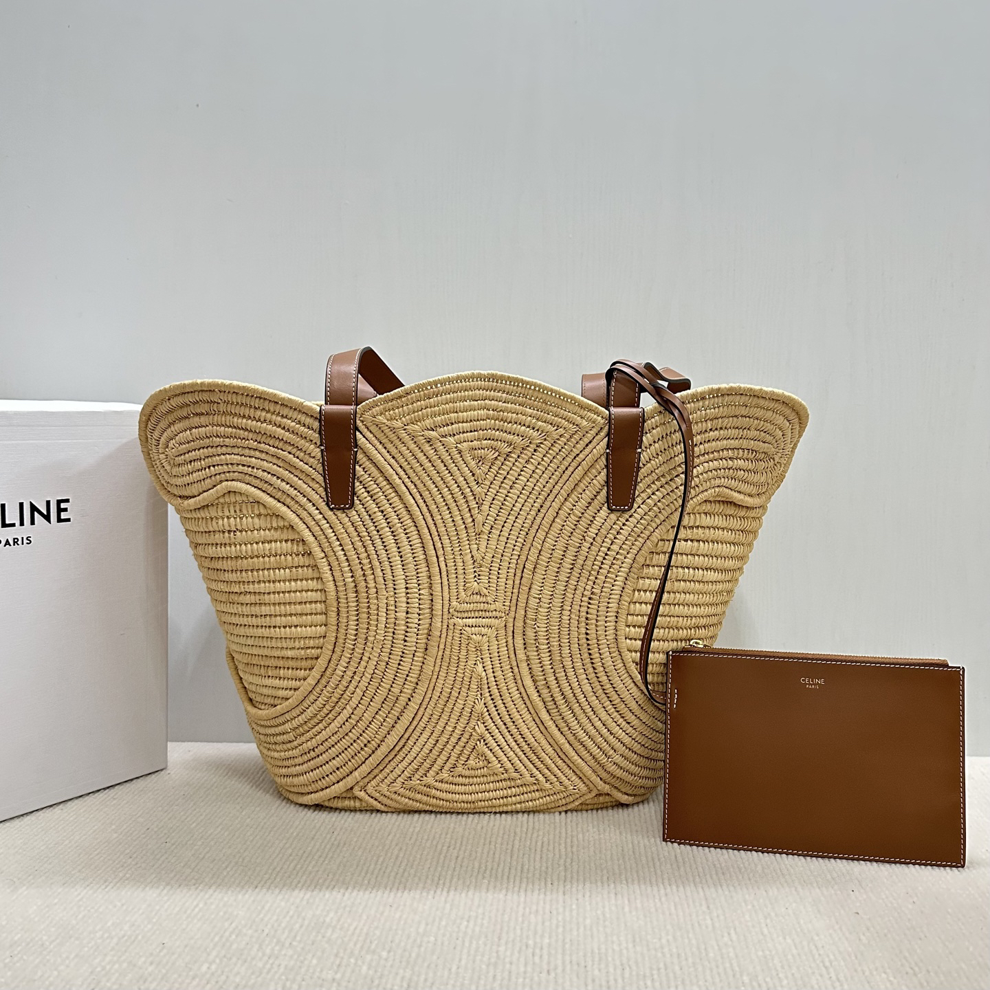 CELINE Natural Plant-Fiber and Calfskin Woven TRIOME Tote Bag