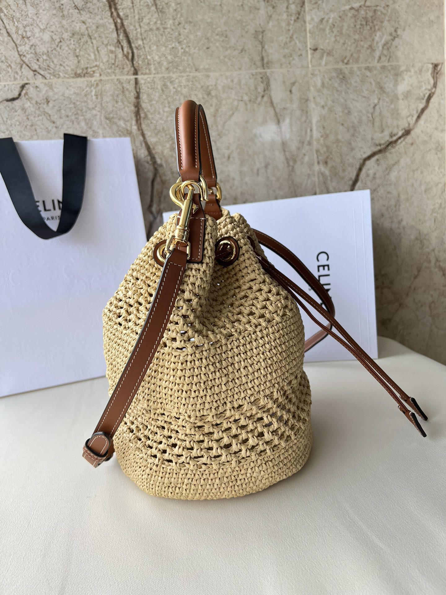 Clara Classic Plant-Material and Leather Tote Bag - Yellow-Brown - Image 2