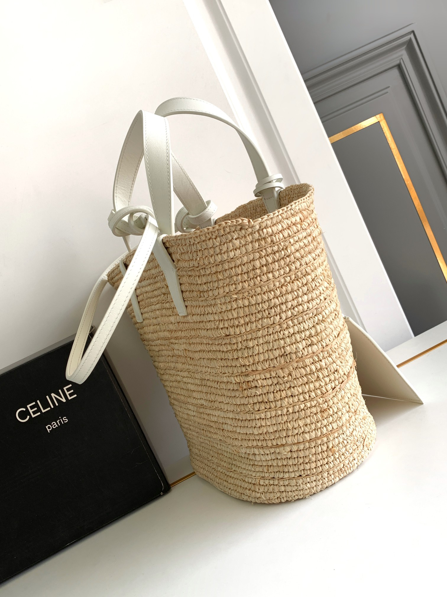 CELINE Teen Woven Plant-Fiber and Calfskin Leather Basket Tote - Image 2