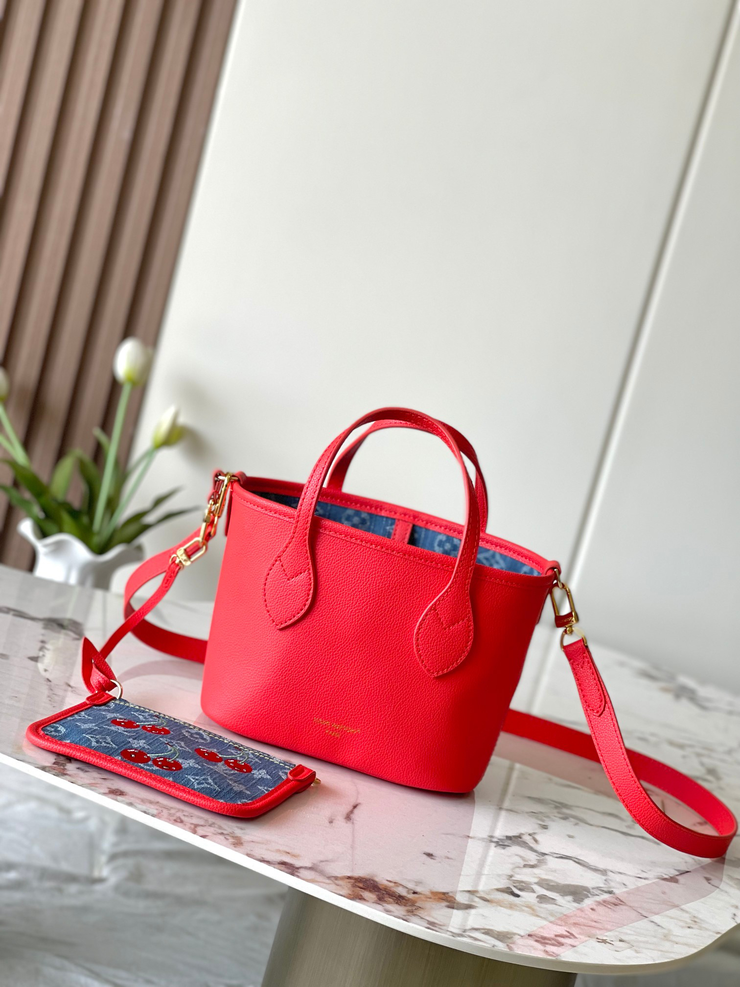 Louis Vuitton Neverfull Inside Out BB Handbag in Monogram Cherry Denim - Image 2
