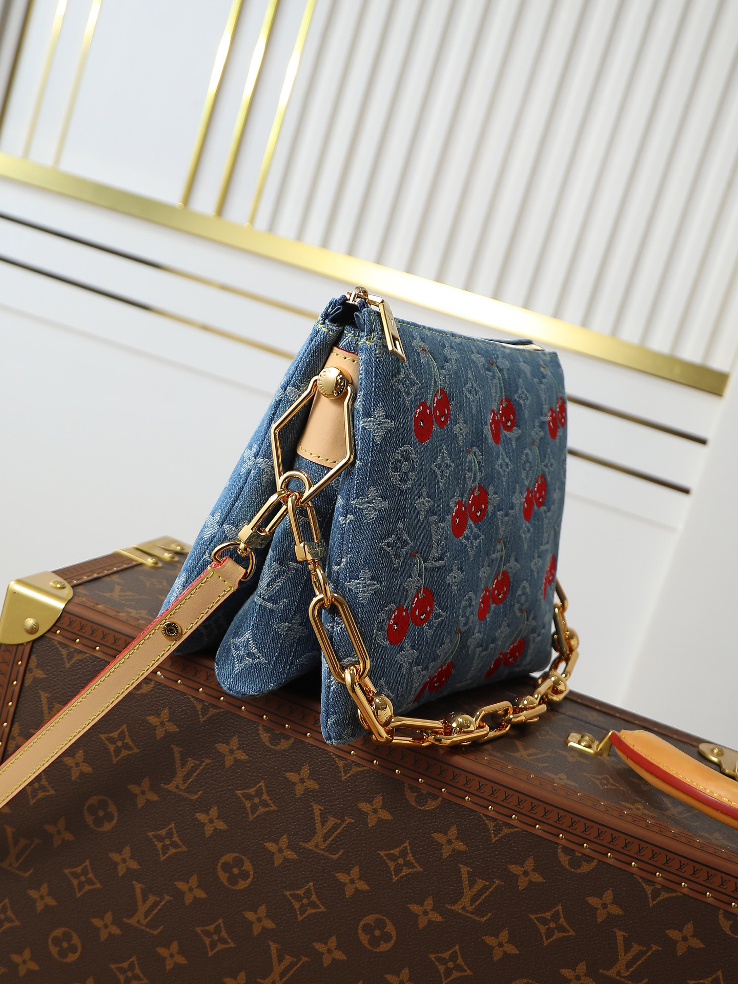 Louis Vuitton Coussin Small Chain Shoulder Bag in Monogram Denim with Cherry Embroidery - Image 2