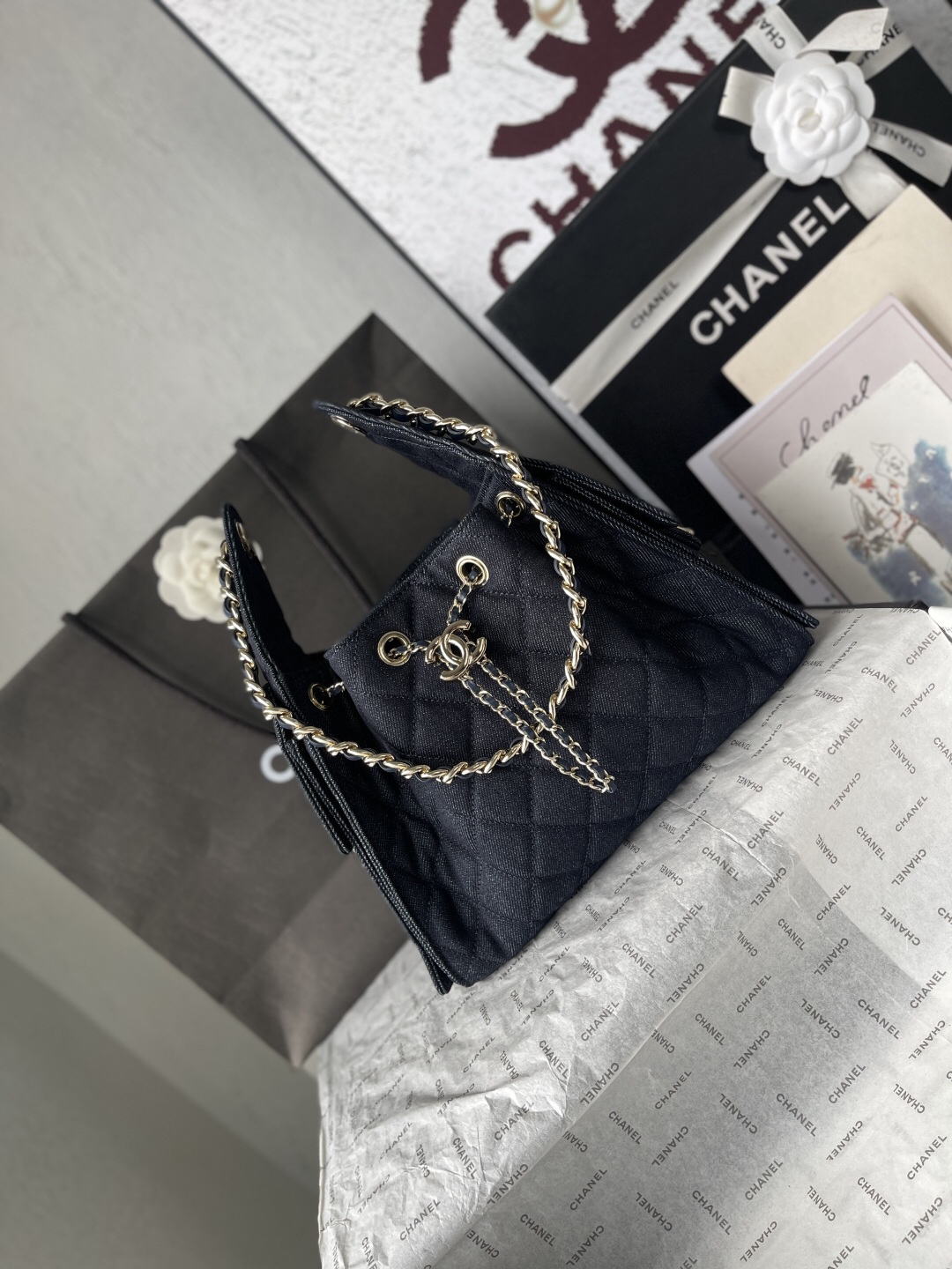 Chanel Quilted Dark Navy Denim Hobo Shoulder Bag - Image 2