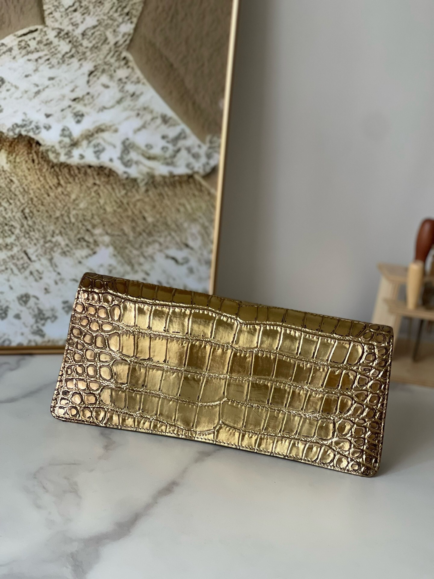 Vintage Chanel Crocodile-Embossed Gold Clutch Evening Bag - Image 2