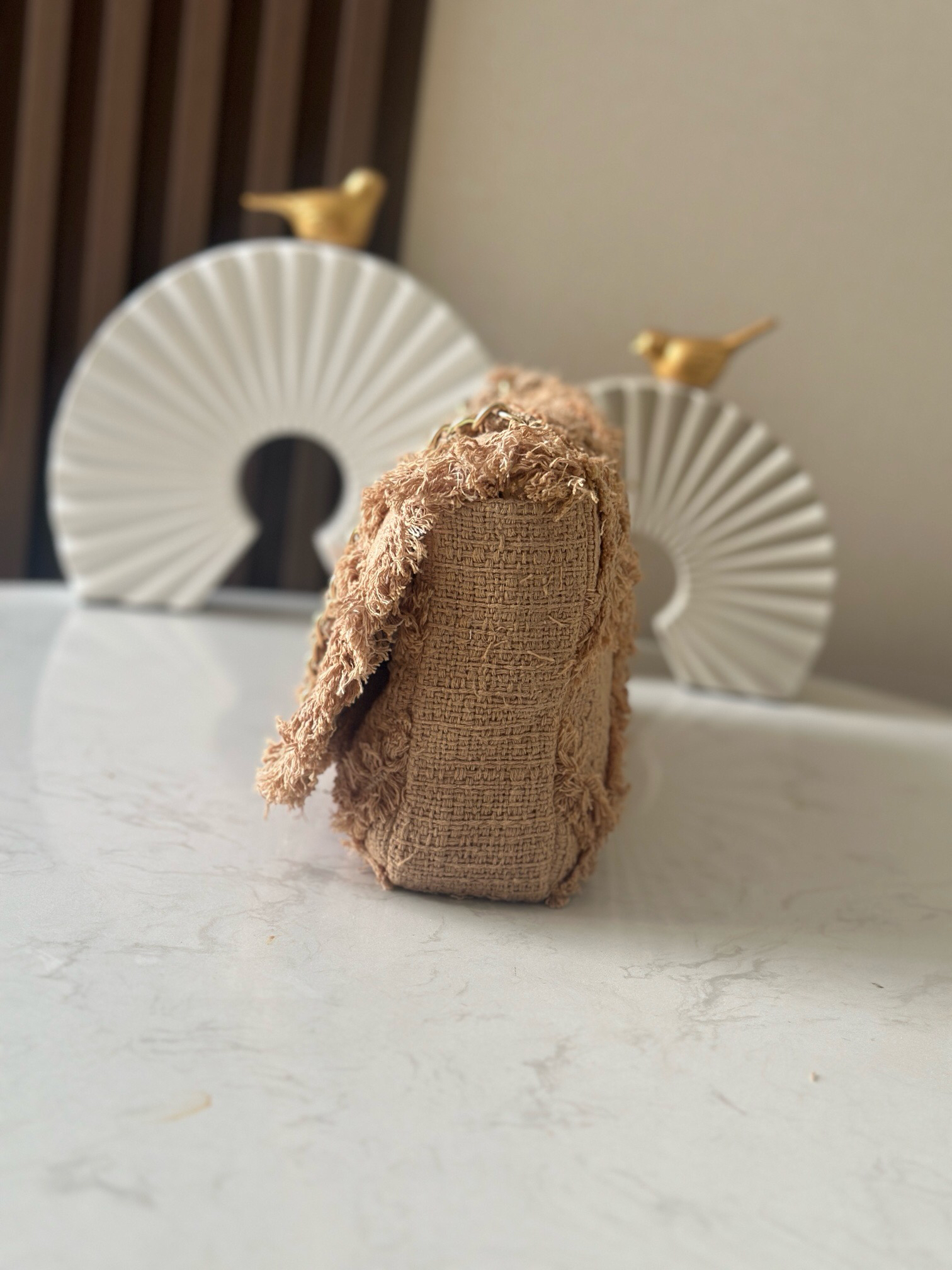 Vintage Straw Bag with Linen Weave and Fringe - Image 2