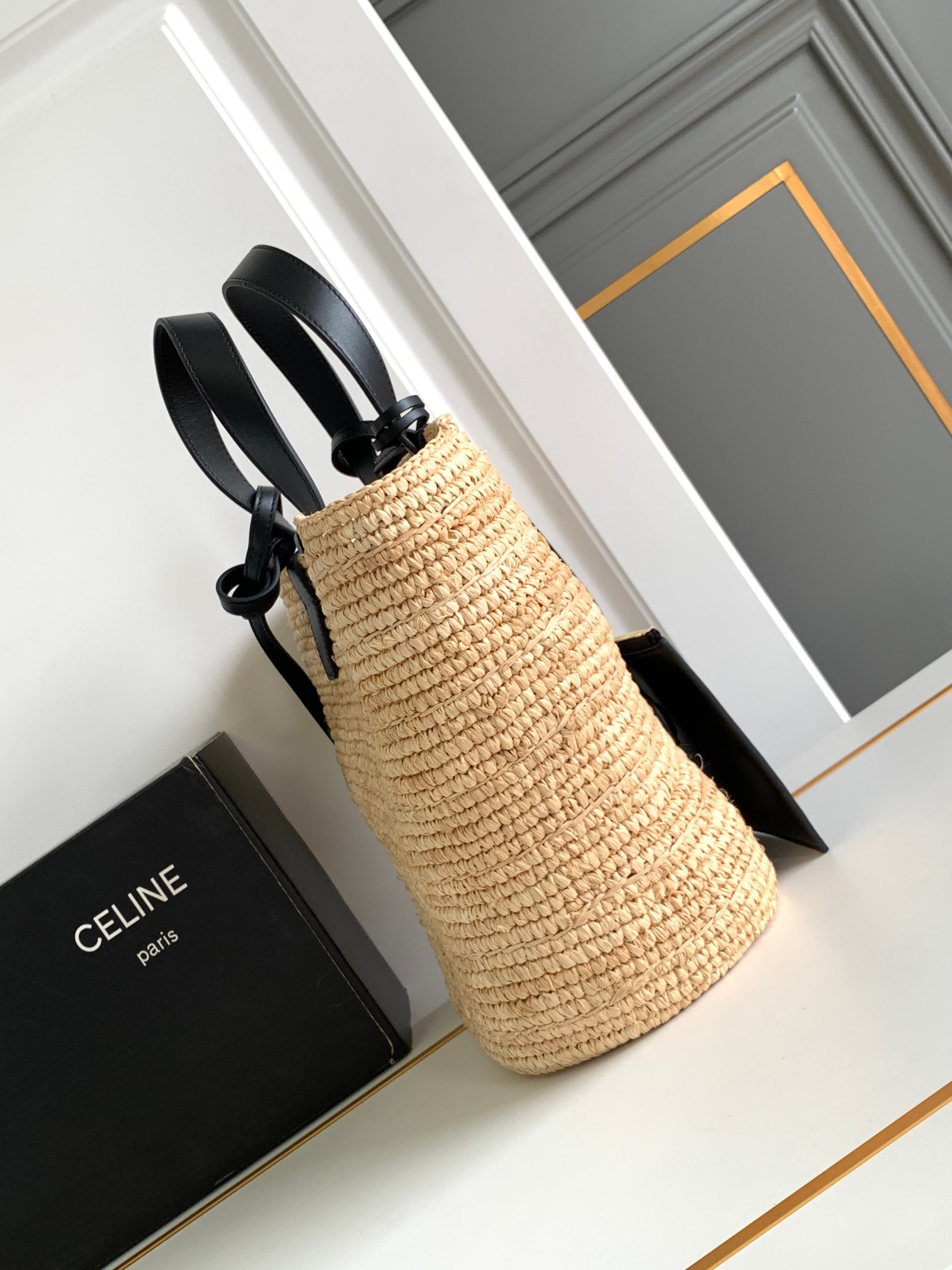CELINE Teen Woven Plant-Fiber and Calfskin Bucket Bag - Image 2