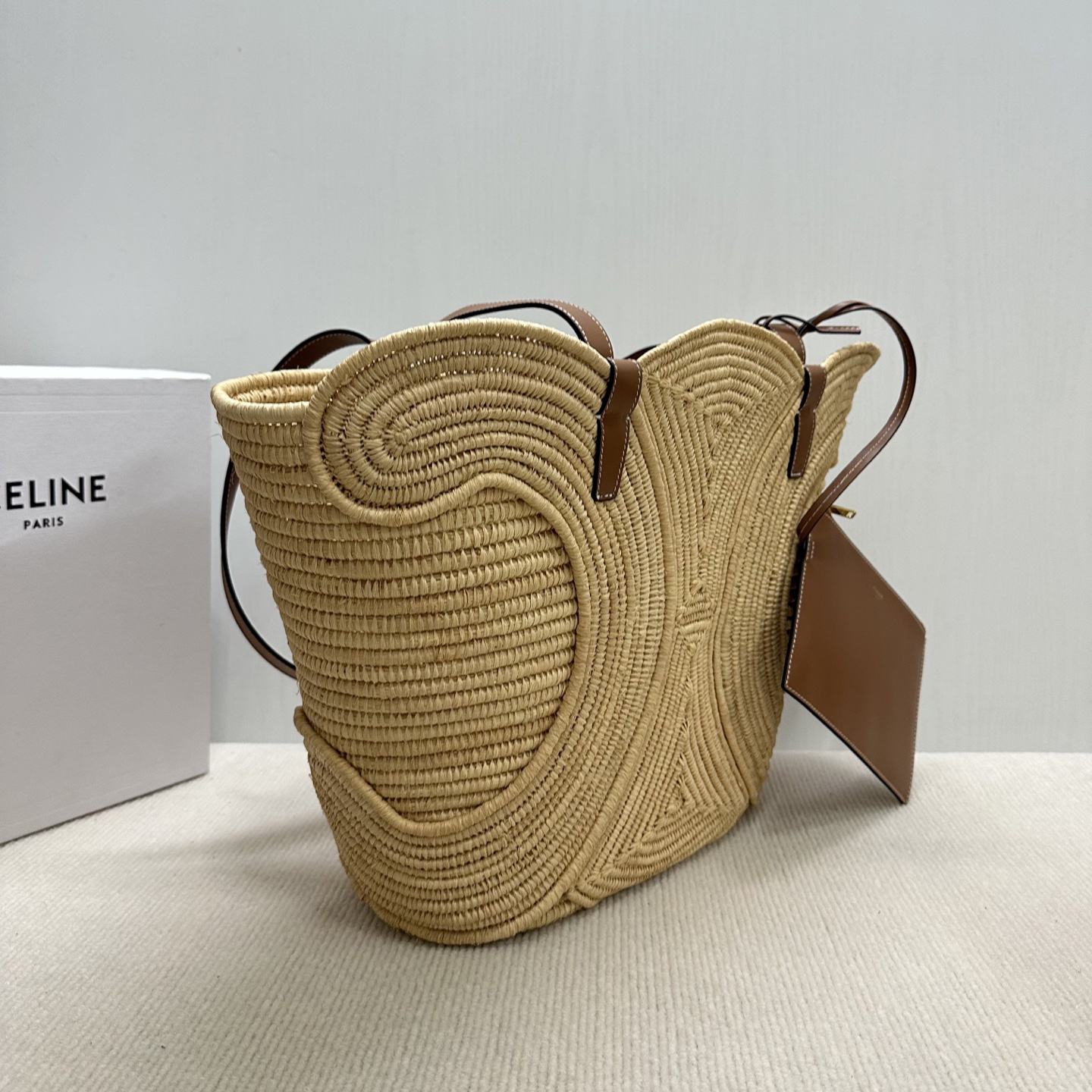 CELINE Natural Plant-Fiber and Calfskin Woven TRIOME Tote Bag - Image 2
