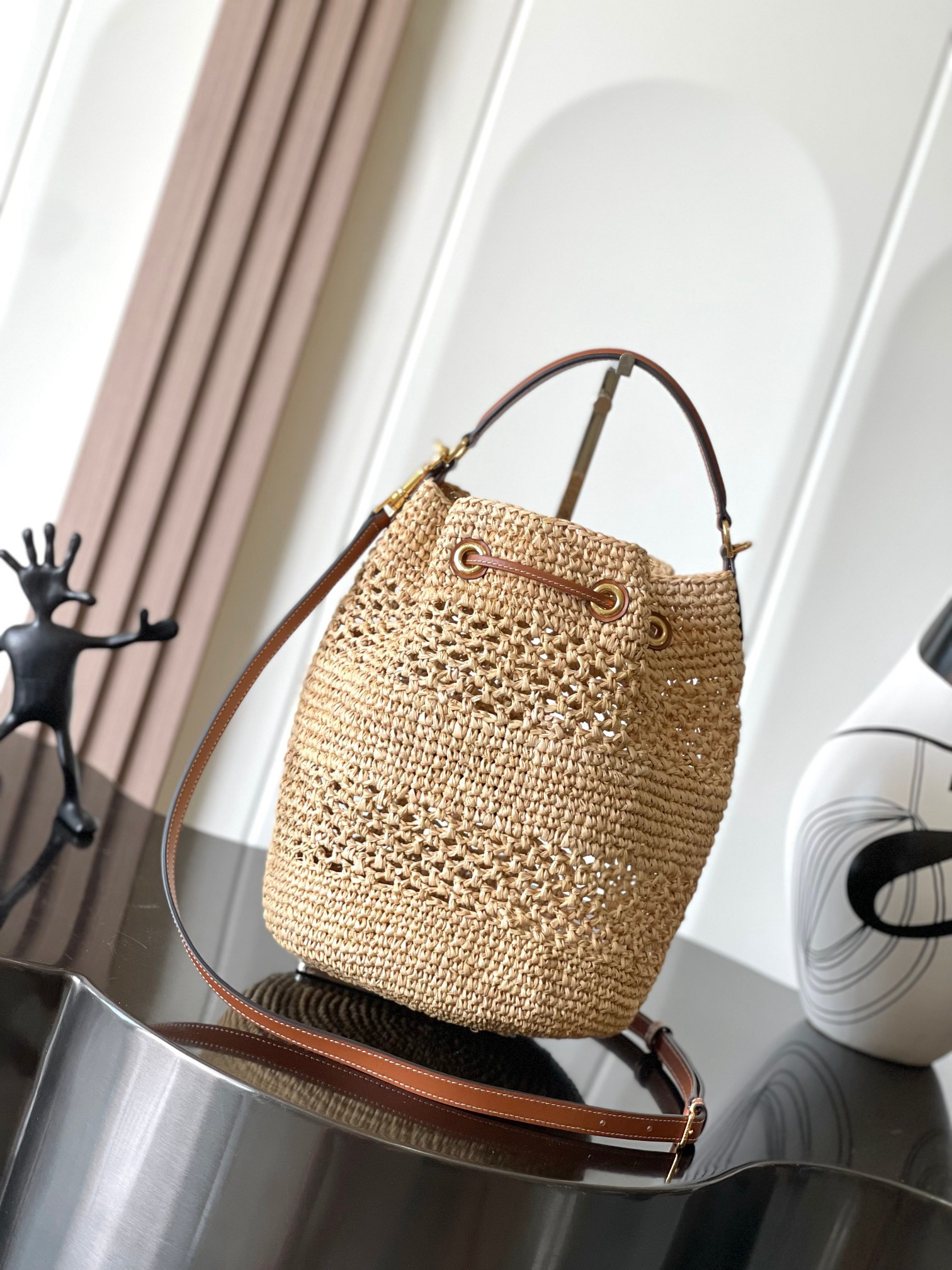 CELINE CLARA Raffia and Leather Bucket Bag - Image 2