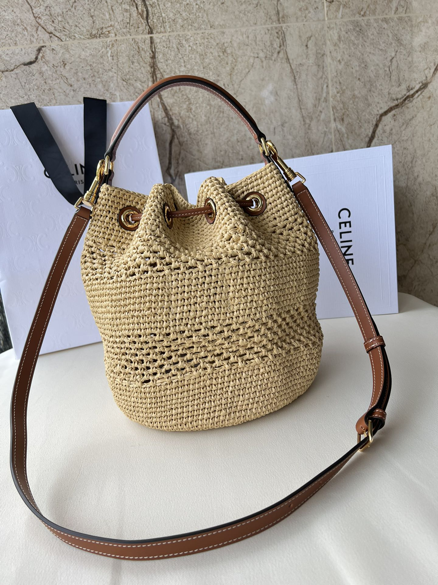 Clara Classic Plant-Material and Leather Tote Bag - Yellow-Brown - Image 3