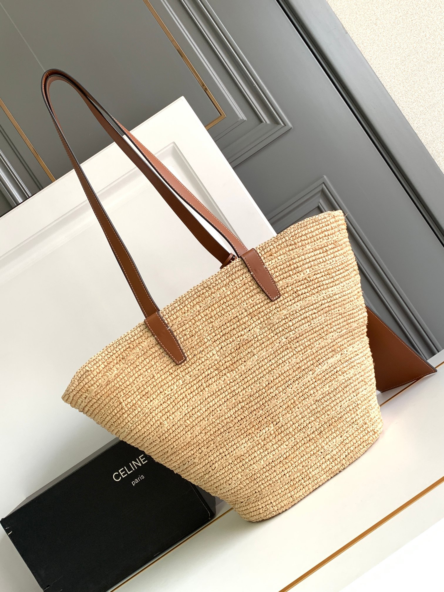 CELINE Woven Plant-Fiber and Calfskin Medium Basket Handbag - Image 3