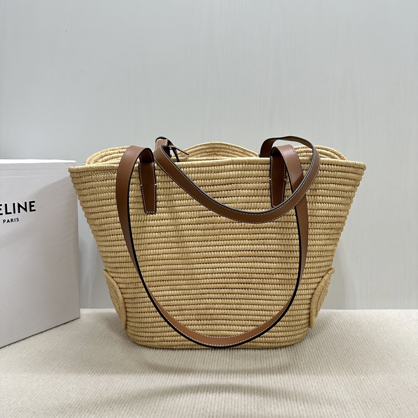 CELINE Medium Natural Fiber and Calfskin Woven Triomphe Handbag - Image 3