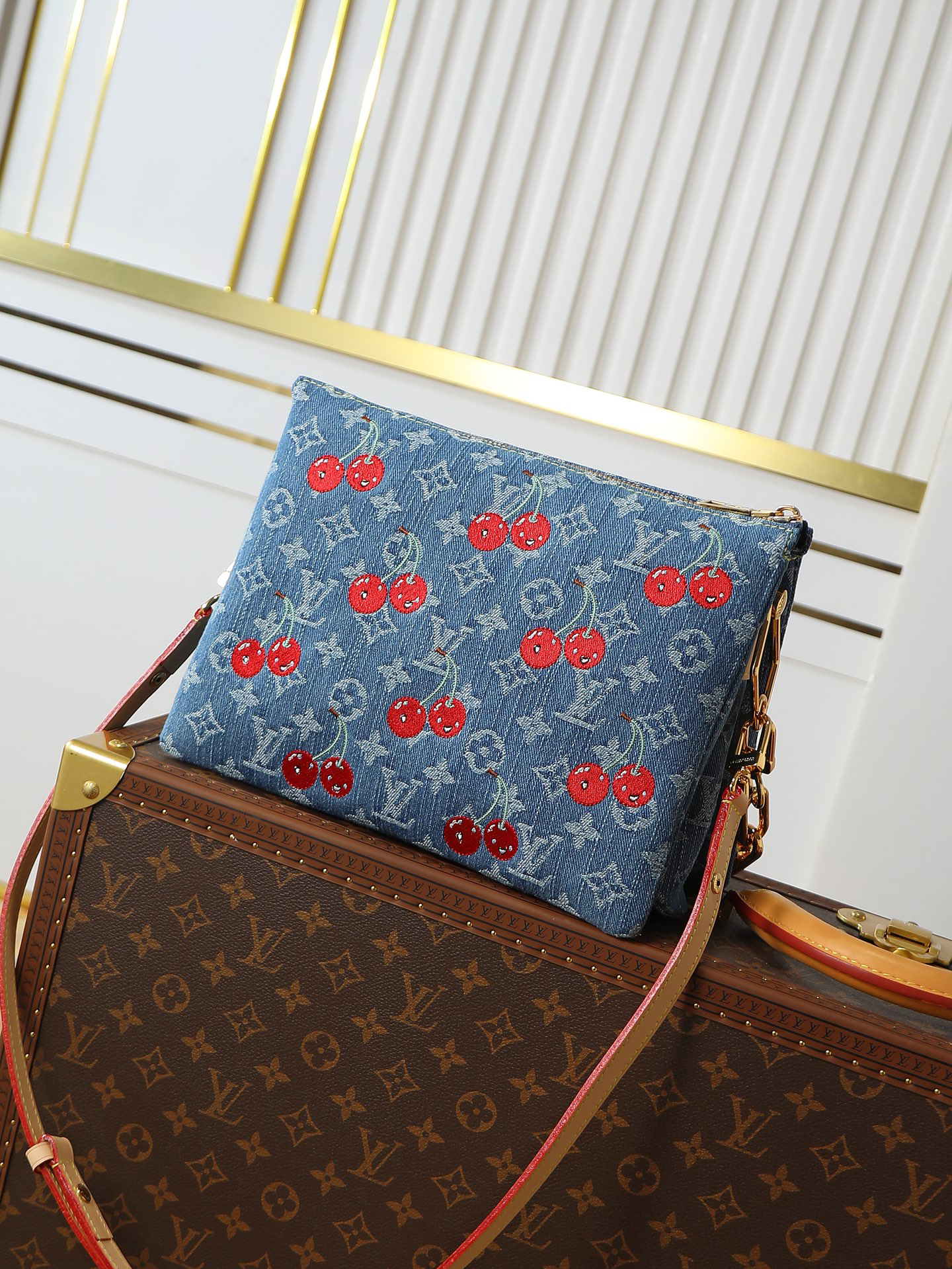 Louis Vuitton Coussin Small Chain Shoulder Bag in Monogram Denim with Cherry Embroidery - Image 3
