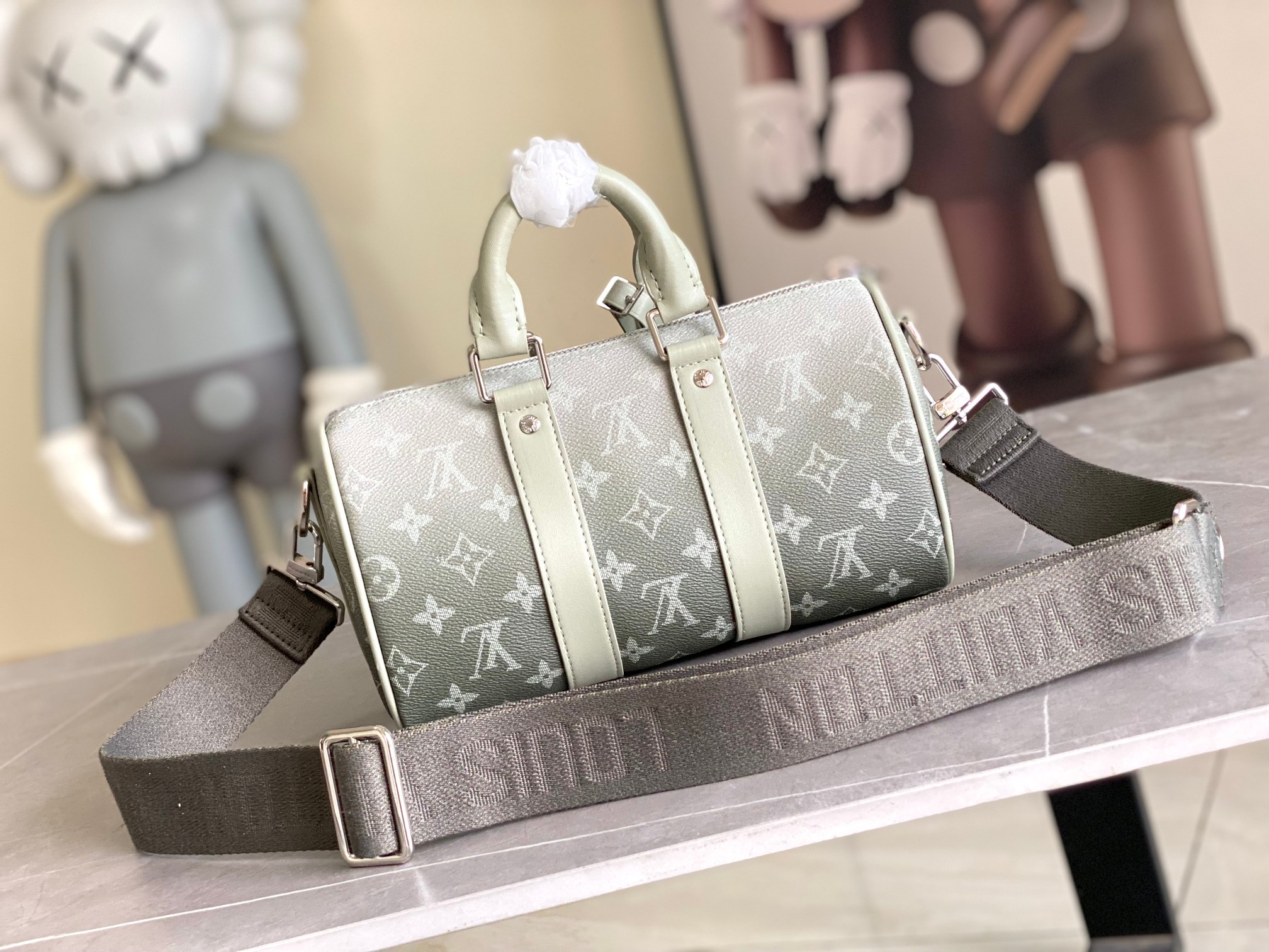 Louis Vuitton Keepall 25 Pillow Bag in Gradient Gray Green Monogram Eclipse Reverse Canvas - Image 3