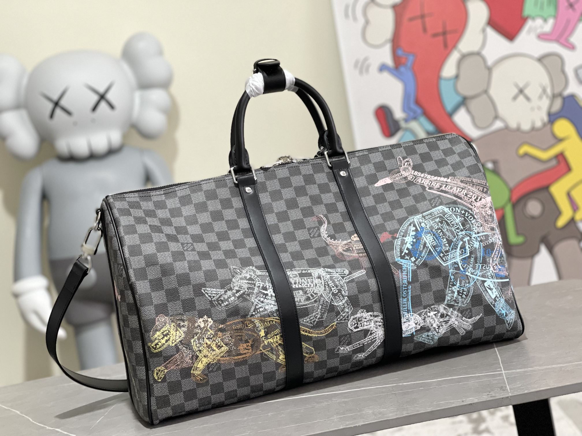 Louis Vuitton Keepall Travel Bag Damier Graphite Passport Stamp Print - Image 3