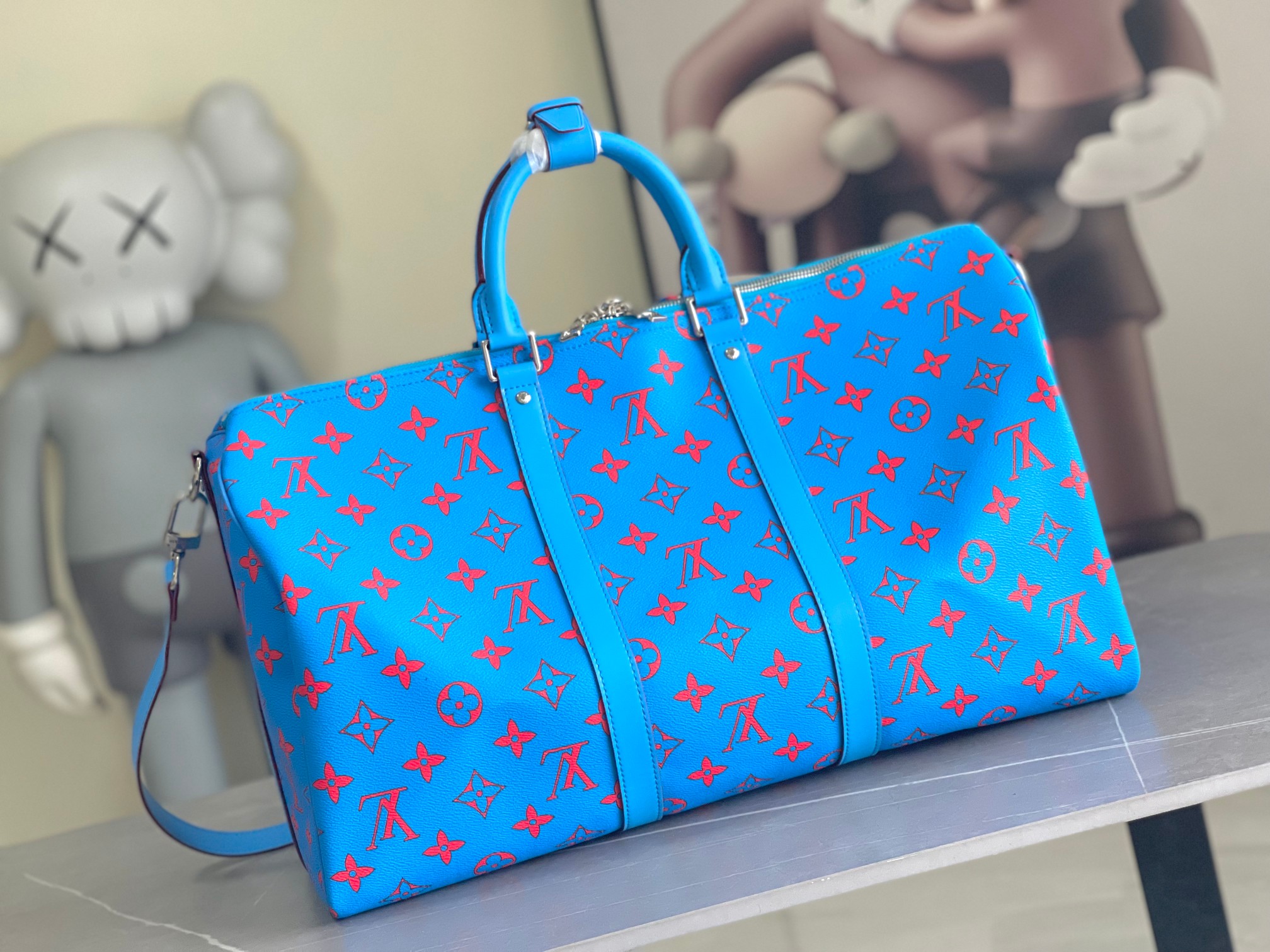 Louis Vuitton Keepall Bandouliere 50 Travel Bag Blue Monogram Bandana - Image 3