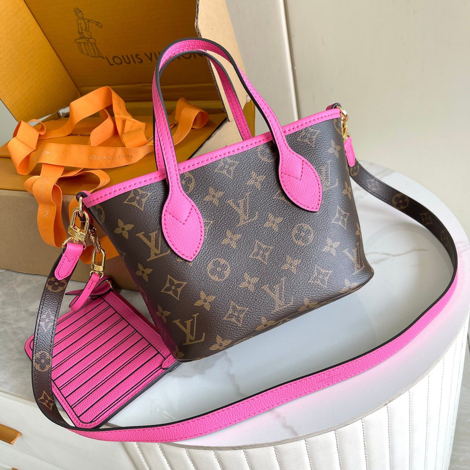 Louis Vuitton Neverfull BB Tote Bag in Damier Azur Canvas, Rose Pink - Image 3