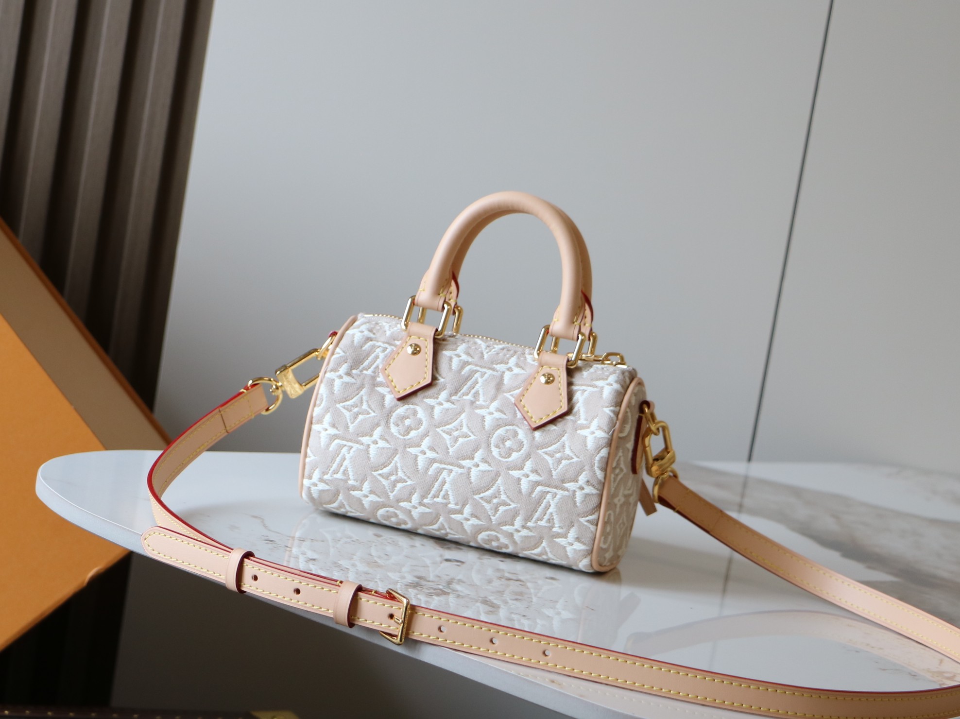 Louis Vuitton Nano Speedy Handbag in White Embossed Canvas - Image 3