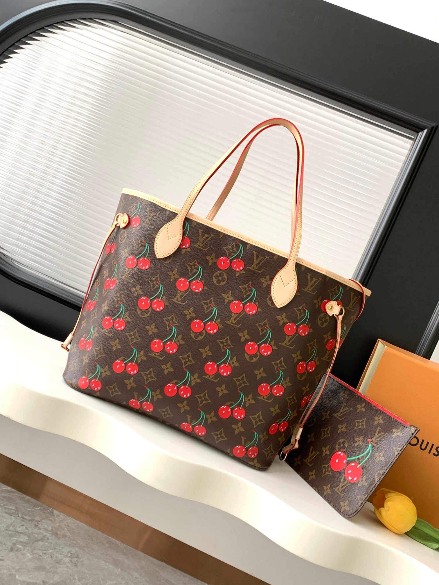 Louis Vuitton Neverfull MM Monogram Cherry Tote Bag - Image 3