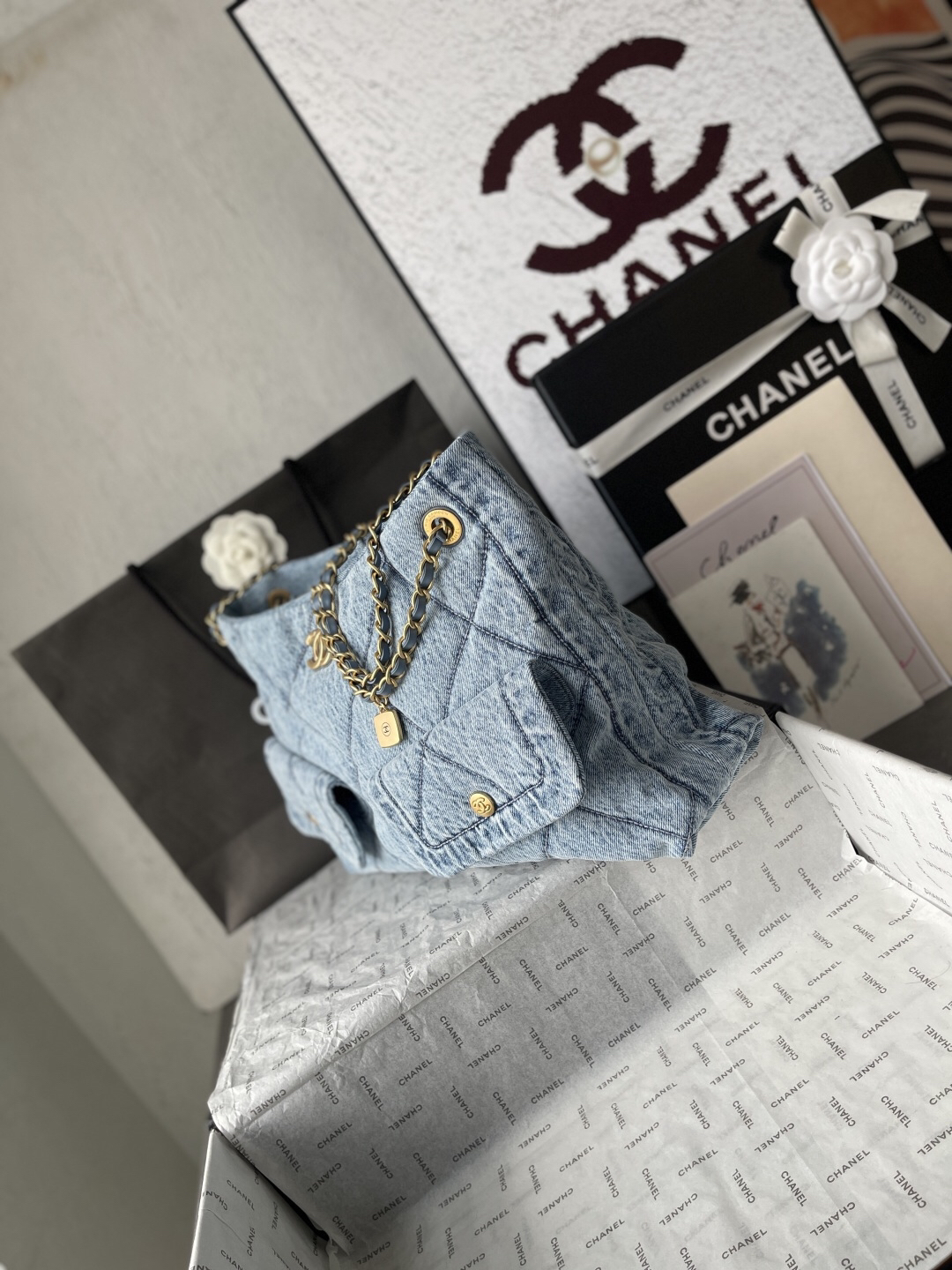 Chanel Denim Shopping Tote Bag - Image 3