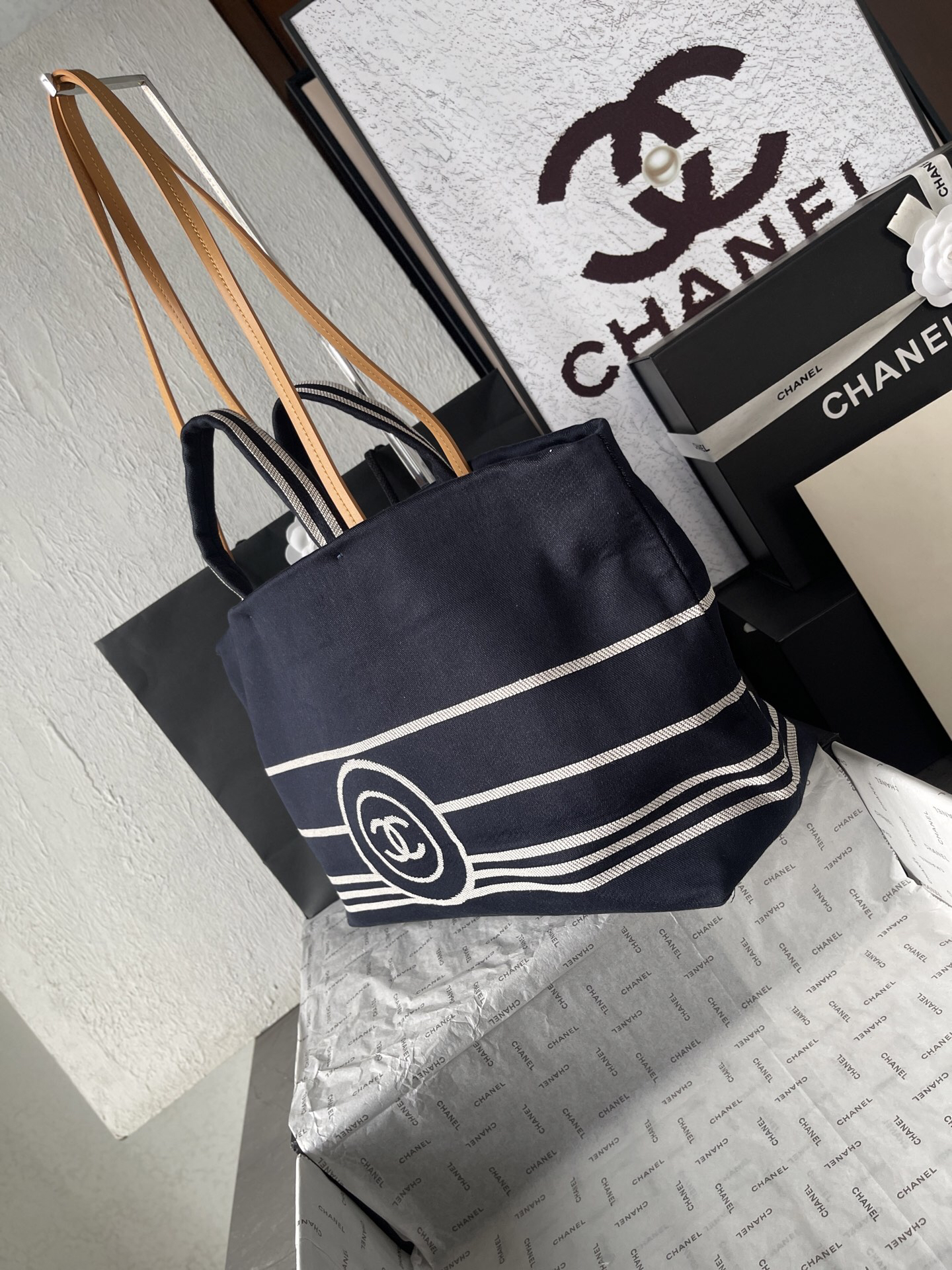 Chanel Navy Blue Striped Denim Tote Bag - Image 3